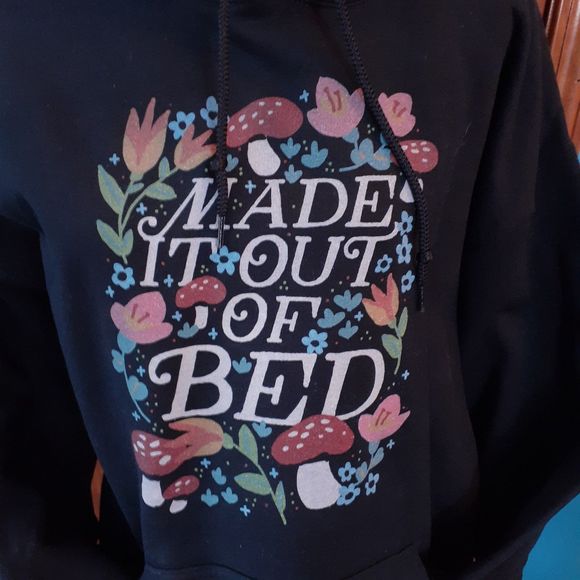 Made It Out Of Bed Mushroom Floral Design Unisex Black Hoodie - Size L - Picture 2 of 7